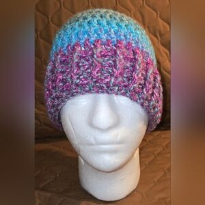 Handmade Multicolor Knit Beanie Shades Of Blue And Purple